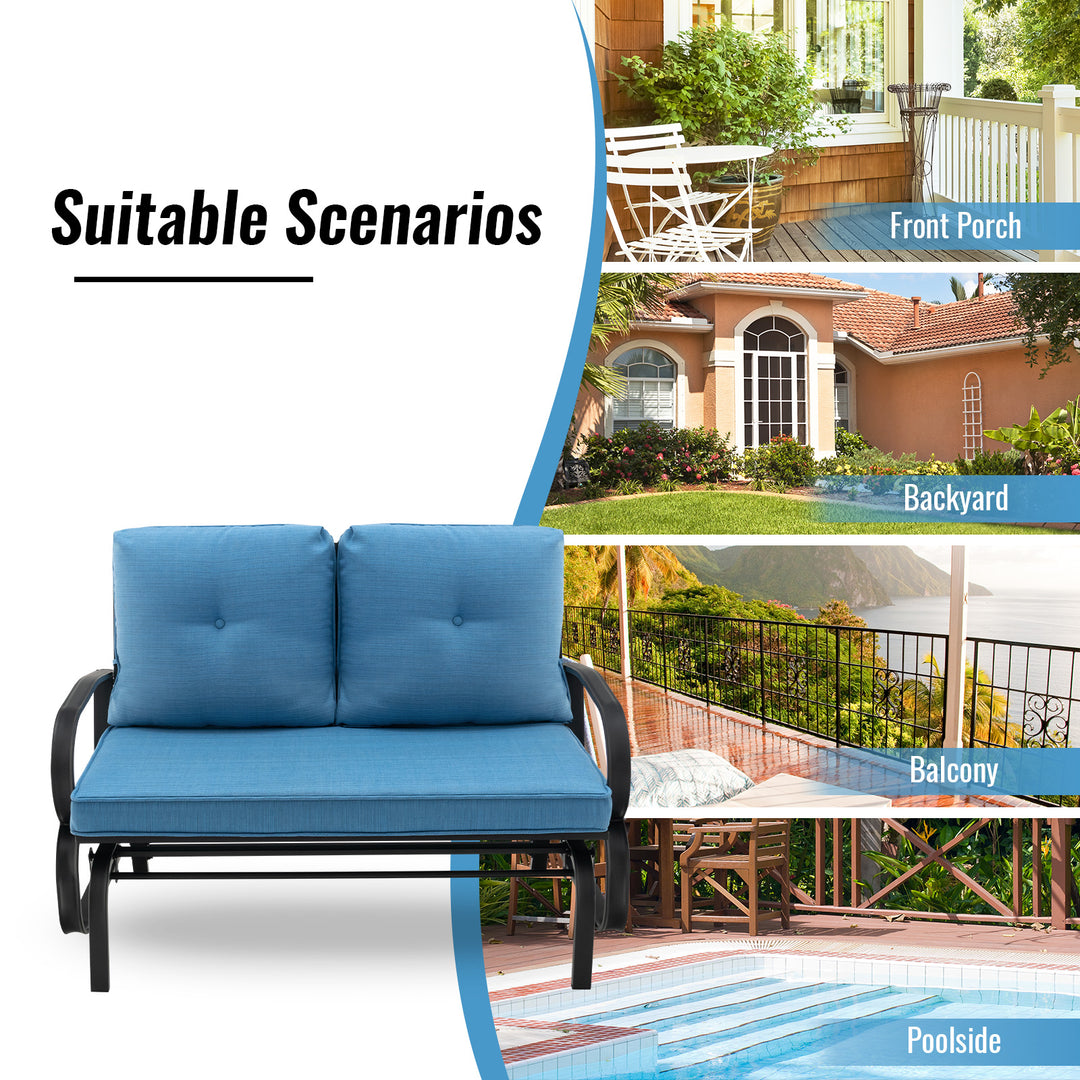 2 Person Outdoor Glider Bench with Cushions and Rustproof Steel Frame - TidySpaces
