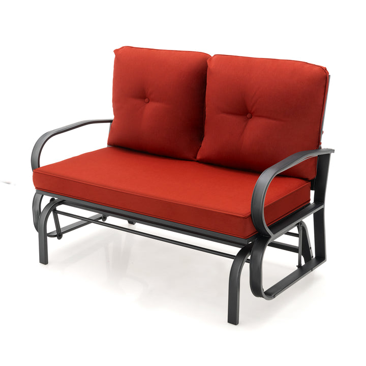 2 Person Outdoor Glider Bench with Cushions and Rustproof Steel Frame Brick Red - TidySpaces