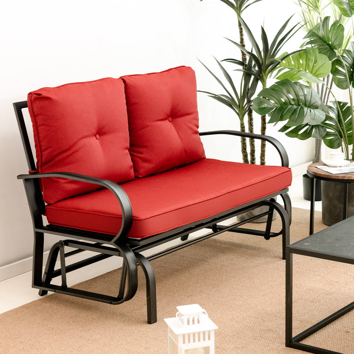 2 Person Outdoor Glider Bench with Cushions and Rustproof Steel Frame - TidySpaces