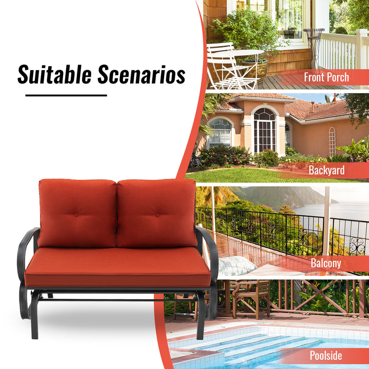 2 Person Outdoor Glider Bench with Cushions and Rustproof Steel Frame - TidySpaces
