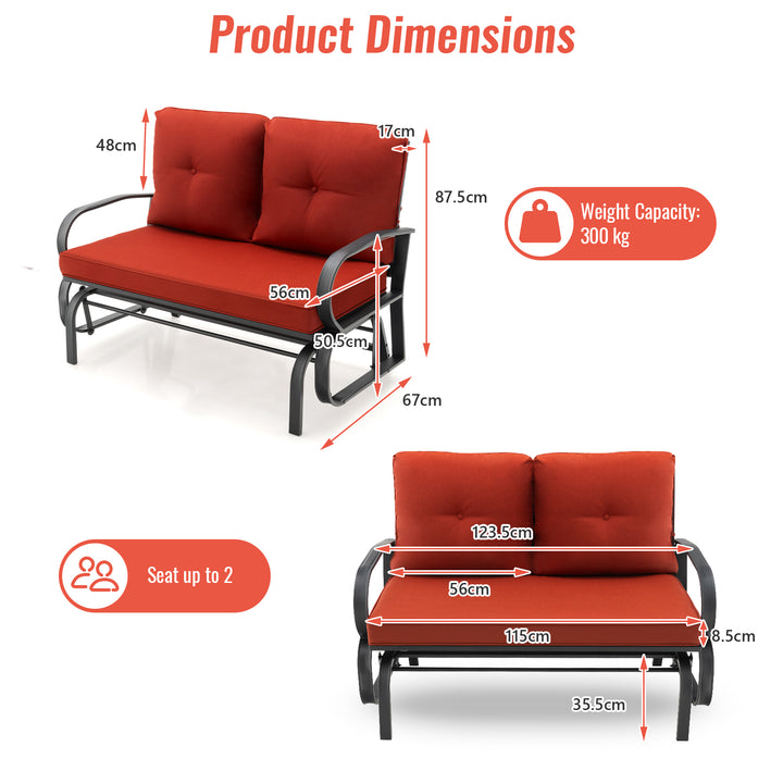 2 Person Outdoor Glider Bench with Cushions and Rustproof Steel Frame - TidySpaces