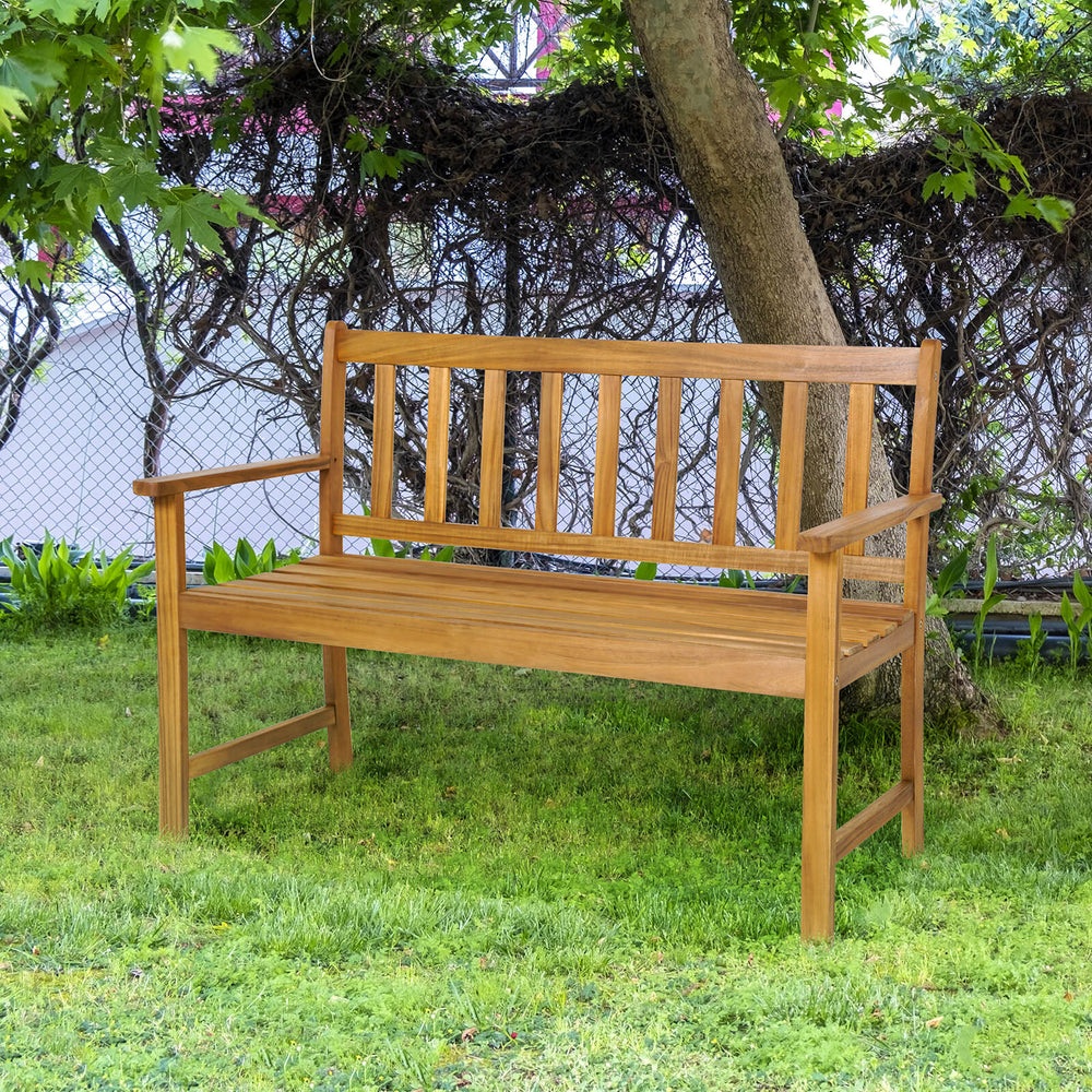 2-Person Patio Wooden Bench with Backrest and Armrests for Garden - TidySpaces