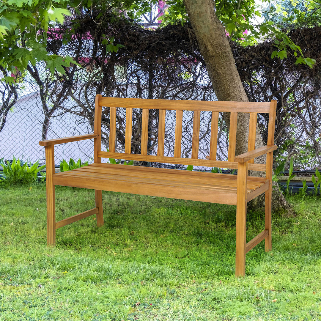 2-Person Patio Wooden Bench with Backrest and Armrests for Garden - TidySpaces