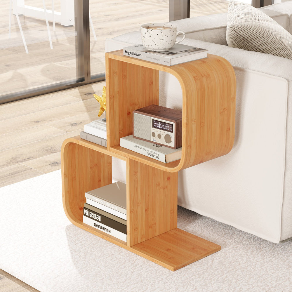 2-Tier S-Shaped Bookcase Bamboo Bookshelf with 2 Open Cubes-2-Tier - TidySpaces