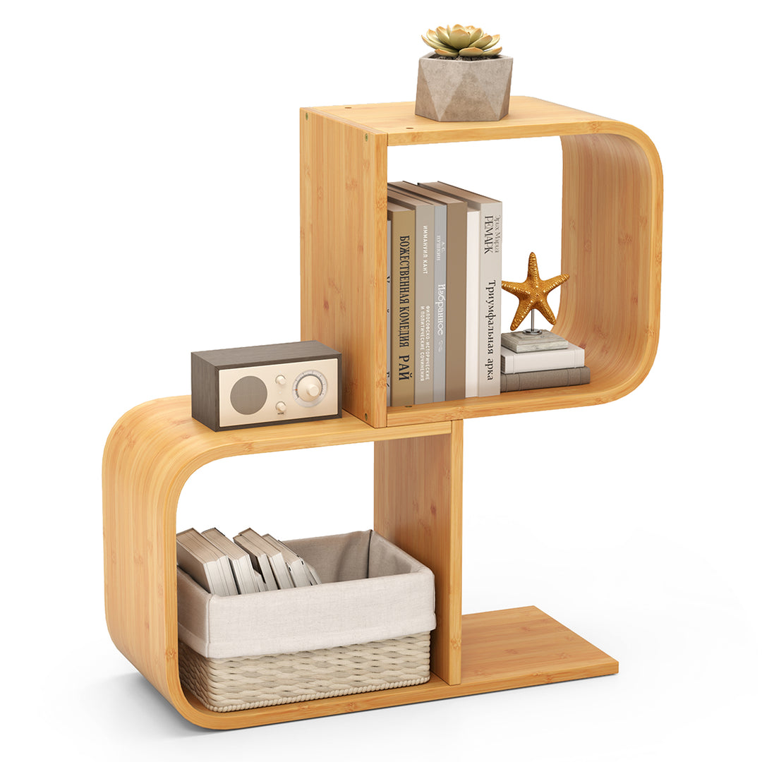 2-Tier S-Shaped Bookcase Bamboo Bookshelf with 2 Open Cubes-2-Tier - TidySpaces