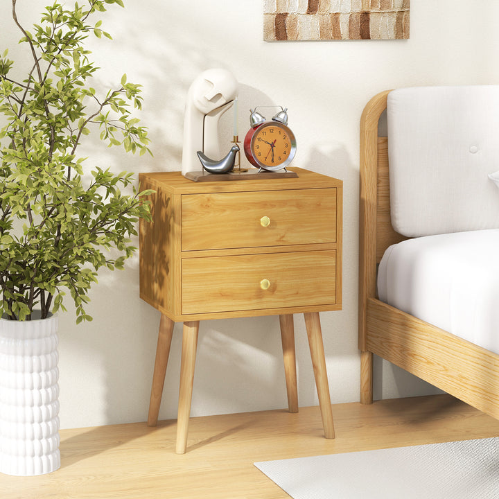 2-Drawer Nightstand with Solid Wood Legs for Bedroom