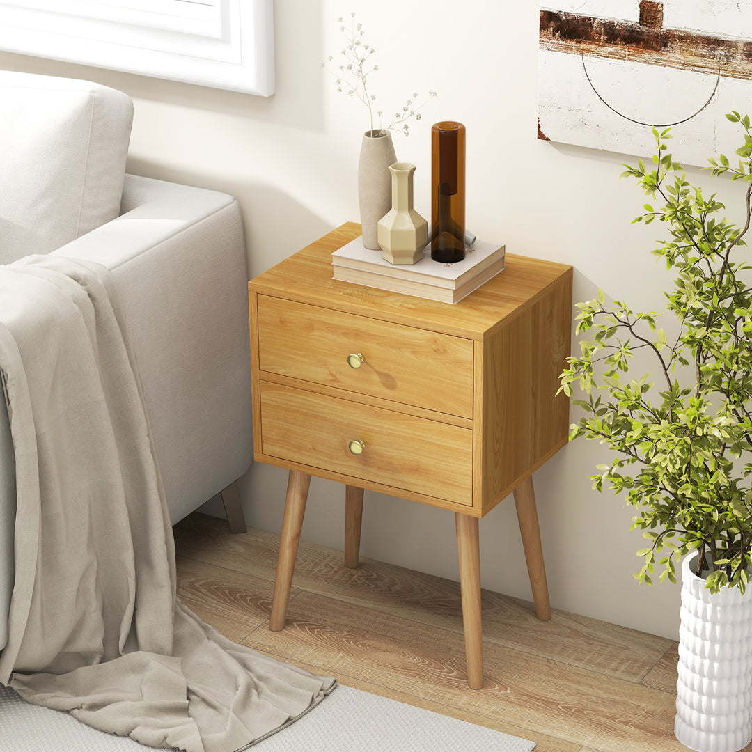 2-Drawer Nightstand with Solid Wood Legs for Bedroom