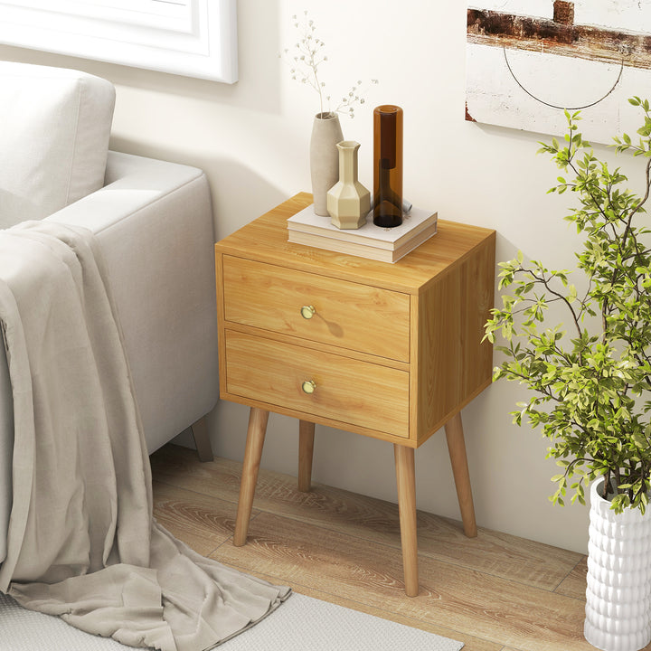 2-Drawer Nightstand with Solid Wood Legs for Bedroom