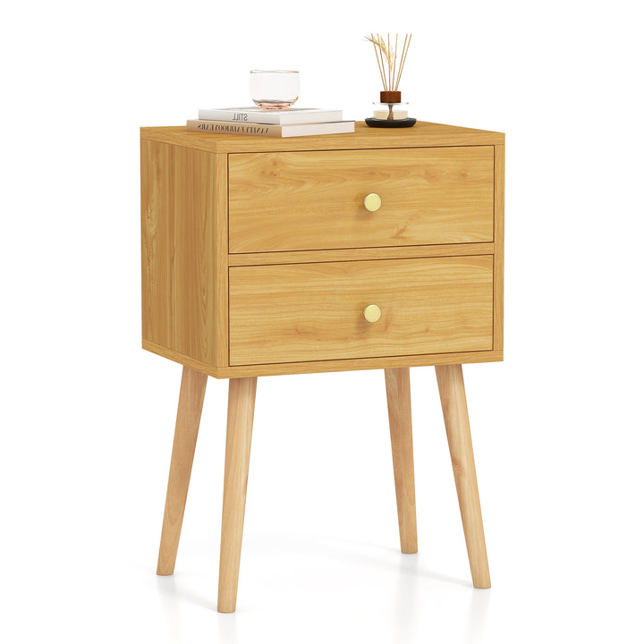 2-Drawer Nightstand with Solid Wood Legs for Bedroom
