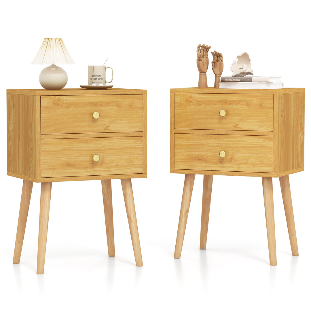 2-Drawer Nightstand with Solid Wood Legs for Bedroom