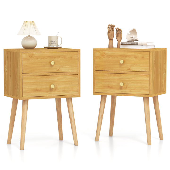 2-Drawer Nightstand with Solid Wood Legs for Bedroom