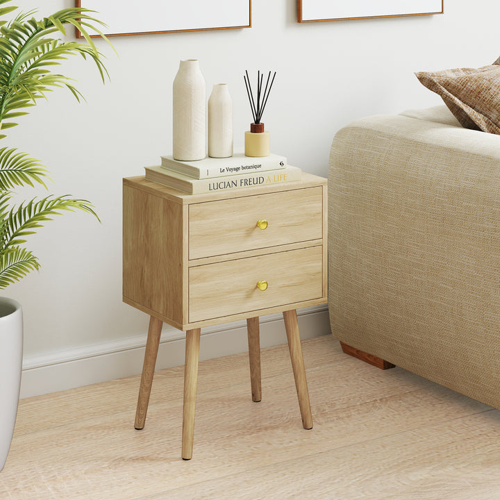 2-Drawer Nightstand with Solid Wood Legs for Bedroom