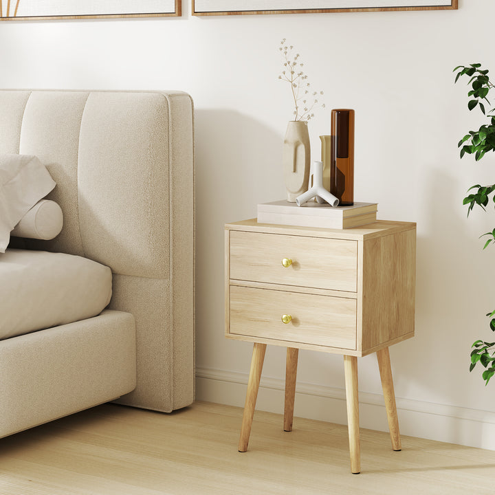 2-Drawer Nightstand with Solid Wood Legs for Bedroom