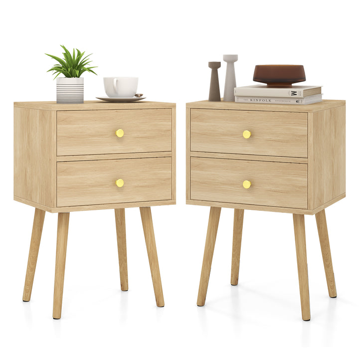 2-Drawer Nightstand with Solid Wood Legs for Bedroom