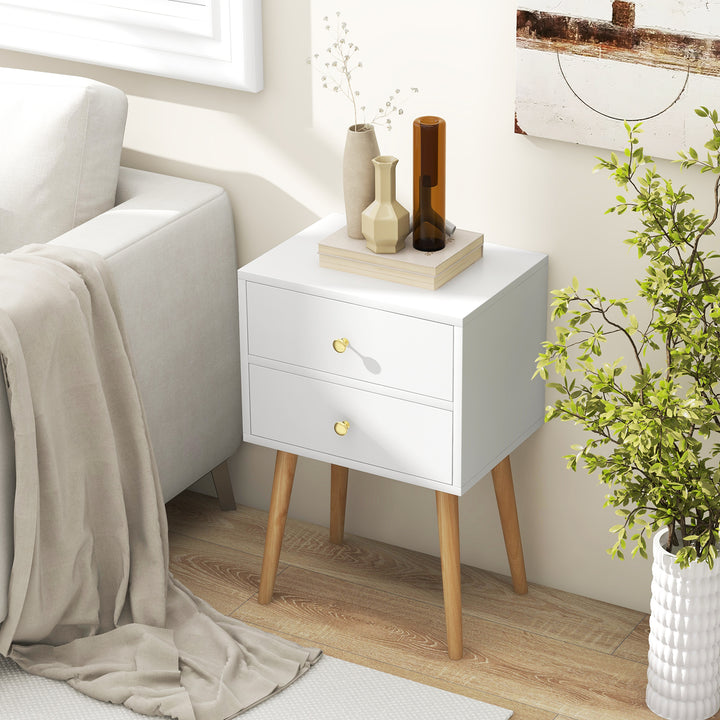 2-Drawer Nightstand with Solid Wood Legs for Bedroom