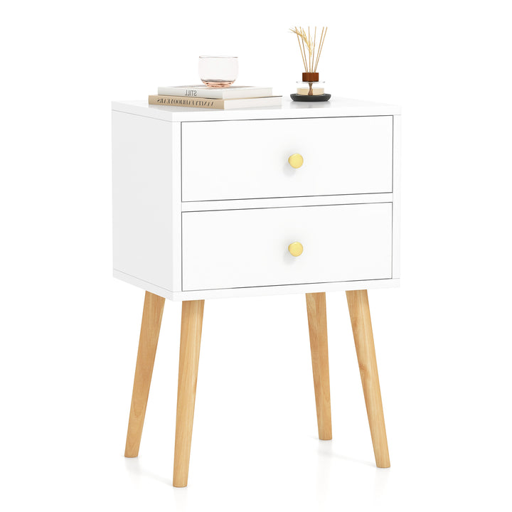 2-Drawer Nightstand with Solid Wood Legs for Bedroom