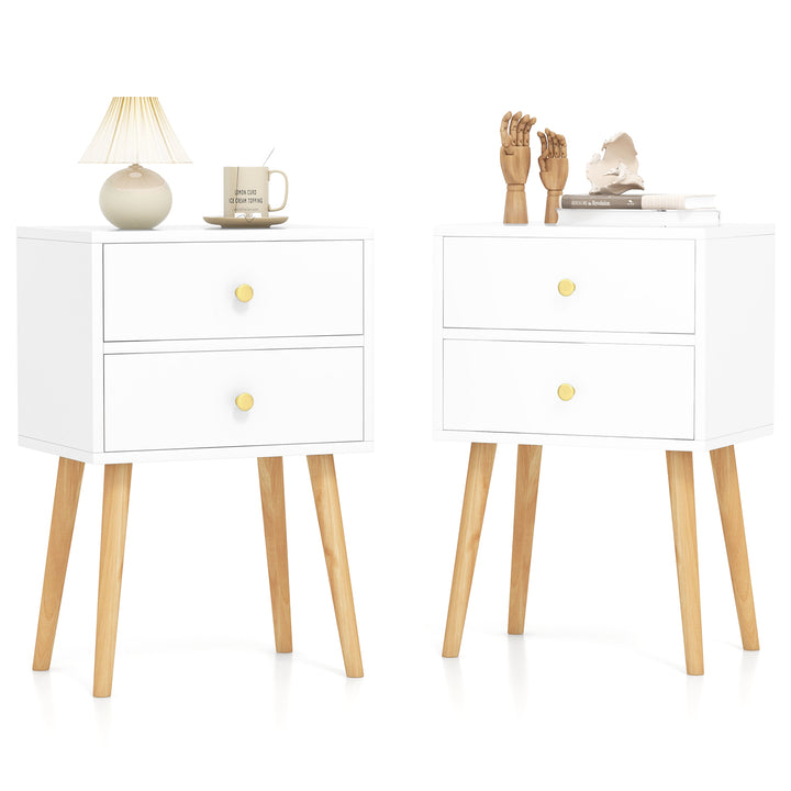 2-Drawer Nightstand with Solid Wood Legs for Bedroom