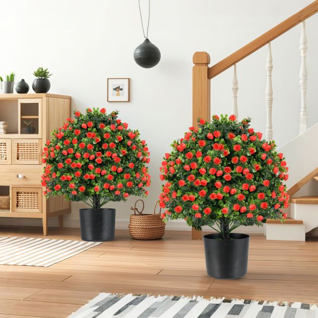 2 Pack Artificial Rose Topiary Ball Tree Faux Shrub Bushes-Red - TidySpaces