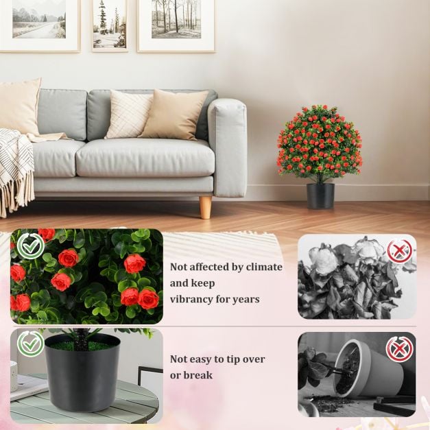 2 Pack Artificial Rose Topiary Ball Tree Faux Shrub Bushes-Red - TidySpaces