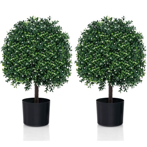 2 Piece Artificial Boxwood Topiary Ball Tree with UV Rated Leaves and 343 White Fruits - TidySpaces