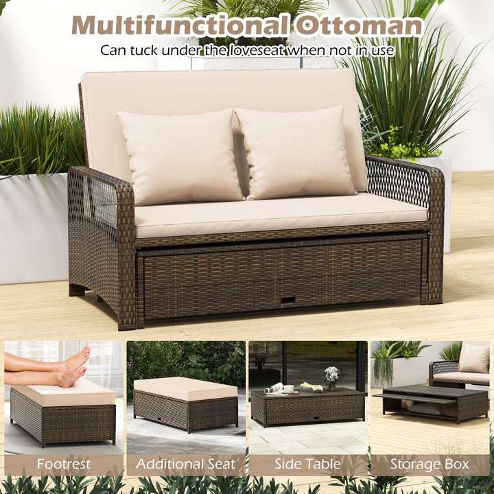 2-Piece Outdoor Wicker Loveseat Sofa Furniture with Storage Ottoman-Brown