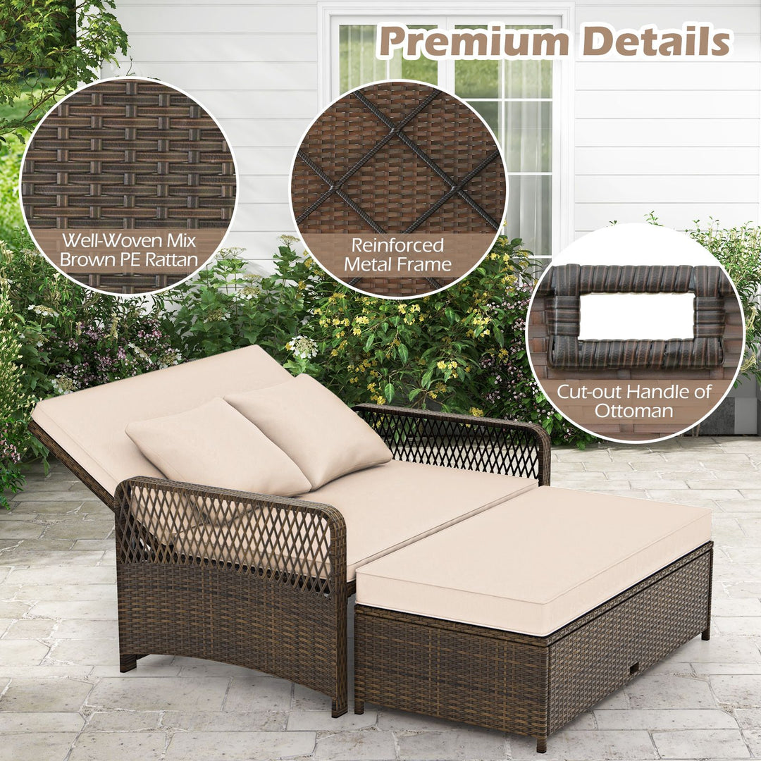 2-Piece Outdoor Wicker Loveseat Sofa Furniture with Storage Ottoman-Brown
