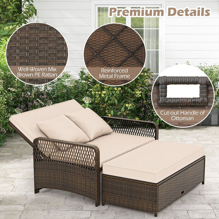 2-Piece Outdoor Wicker Loveseat Sofa Furniture with Storage Ottoman-Brown