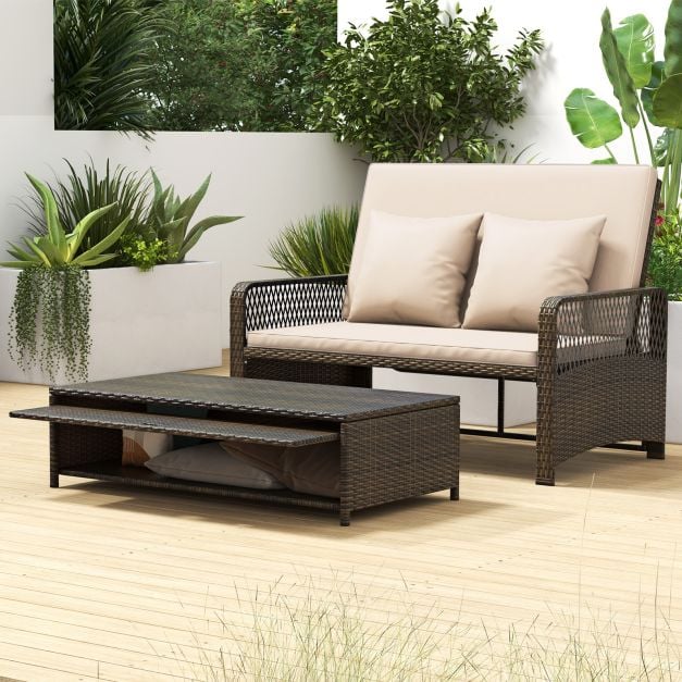 2-Piece Outdoor Wicker Loveseat Sofa Furniture with Storage Ottoman-Brown