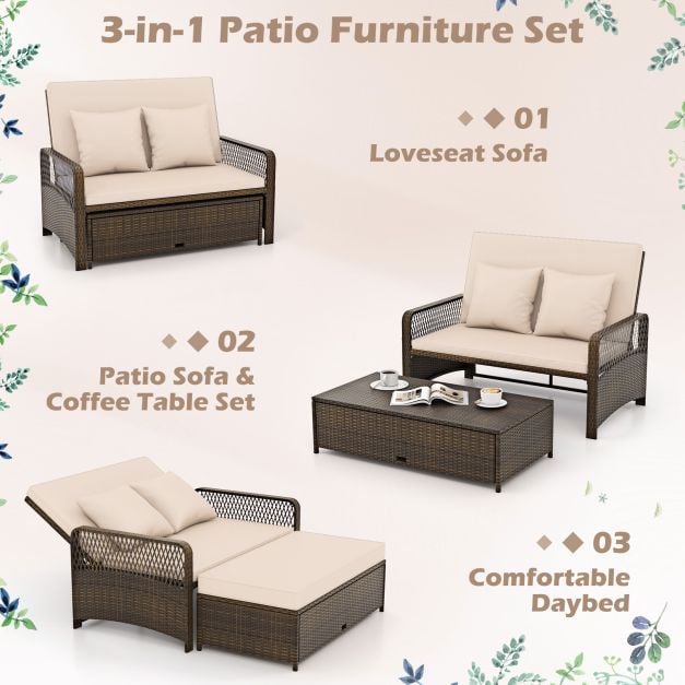 2-Piece Outdoor Wicker Loveseat Sofa Furniture with Storage Ottoman-Brown