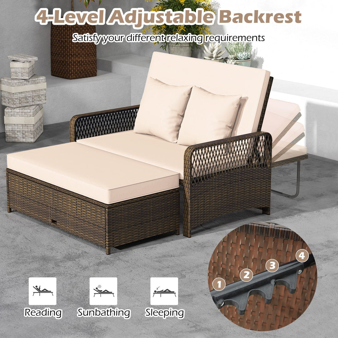 2-Piece Outdoor Wicker Loveseat Sofa Furniture with Storage Ottoman-Brown