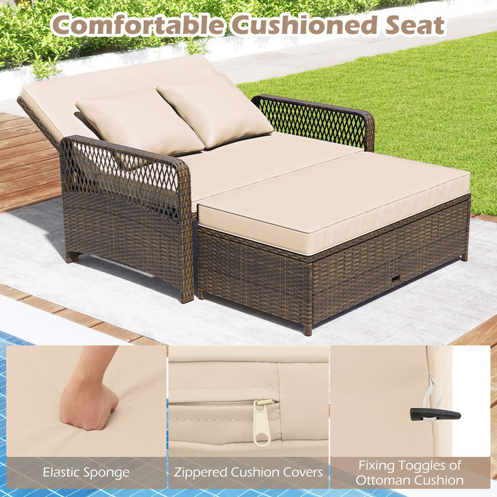 2-Piece Outdoor Wicker Loveseat Sofa Furniture with Storage Ottoman-Brown
