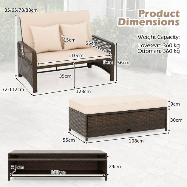 2-Piece Outdoor Wicker Loveseat Sofa Furniture with Storage Ottoman-Brown