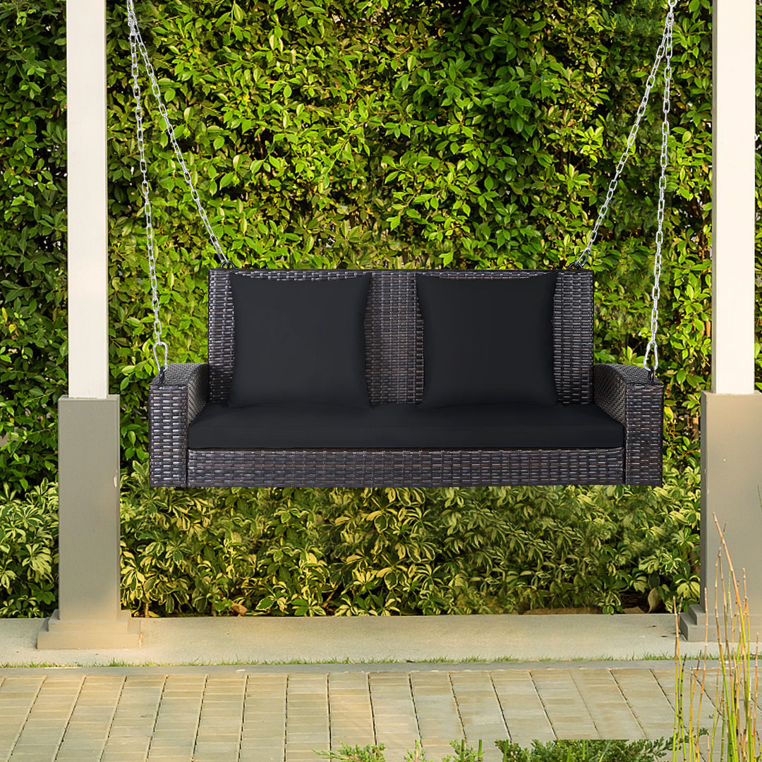 2 Seat Patio Rattan Porch Swing with Two Solid Steel Chains