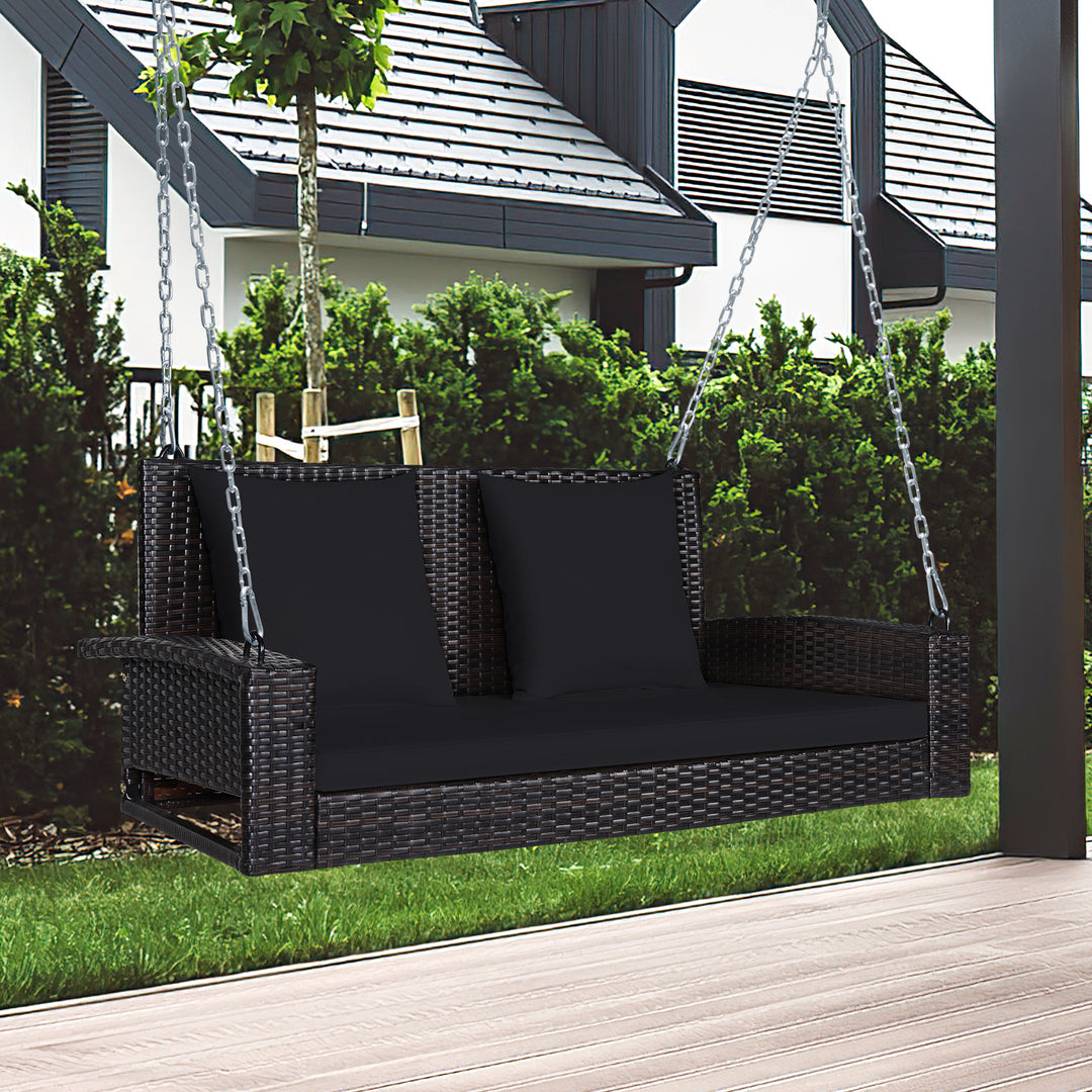 2 Seat Patio Rattan Porch Swing with Two Solid Steel Chains