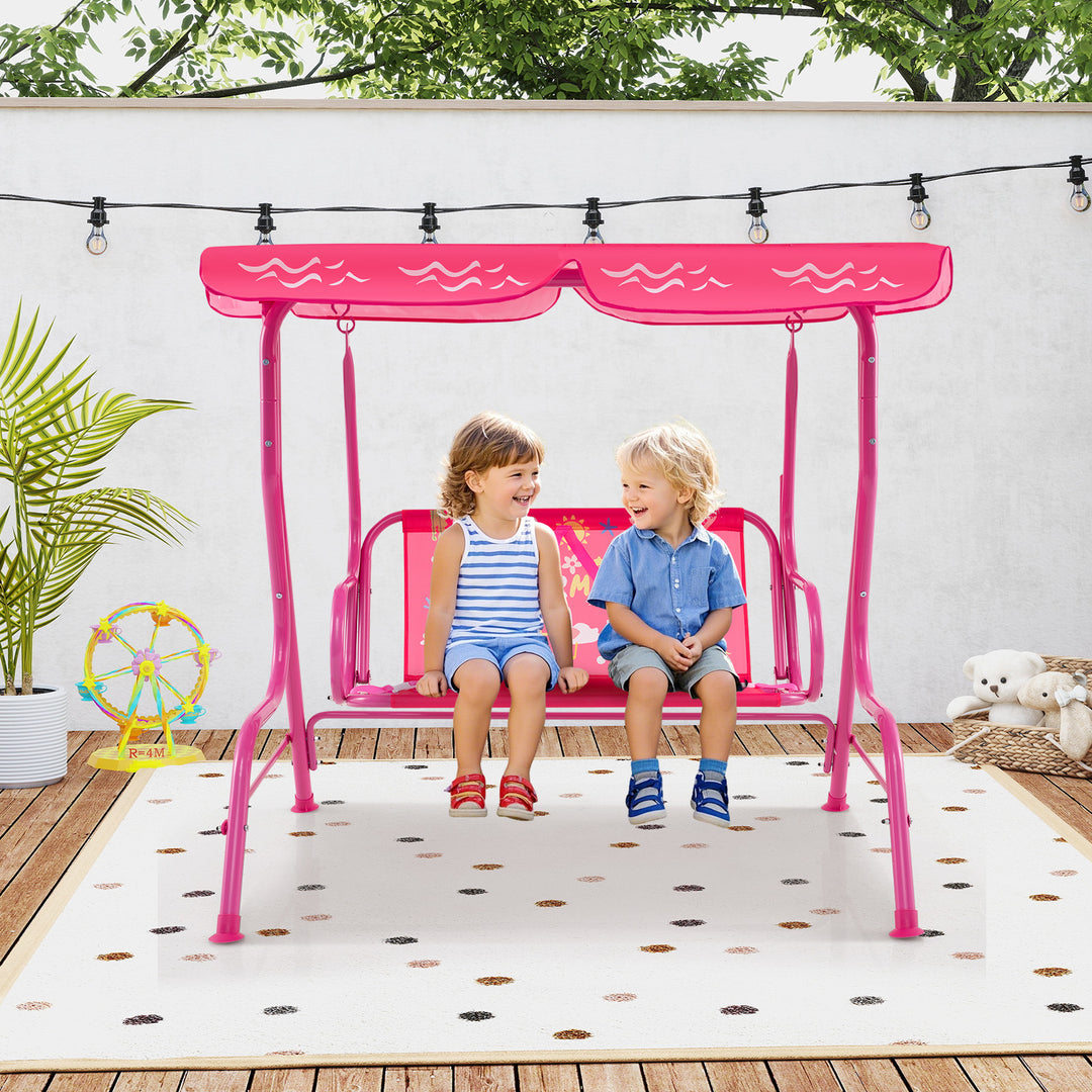 2-Seater Kids Patio Swing Chair with Adjustable Canopy and Safety Belt