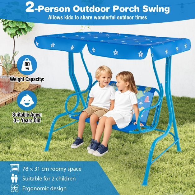 2-Seater Kids Patio Swing Chair with Adjustable Canopy and Safety Belt