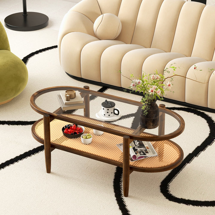 2-Tier PE Rattan Coffee Table with Storage