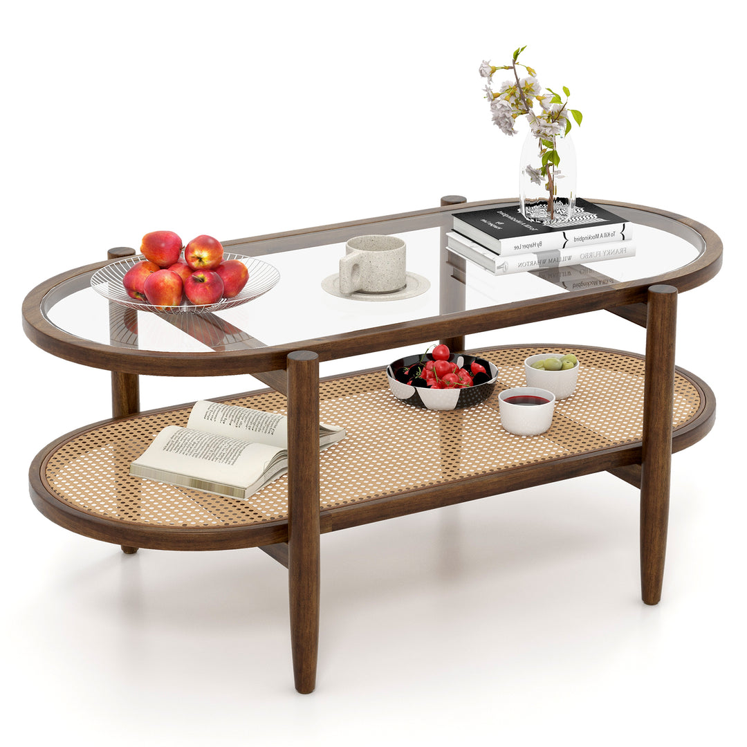 2-Tier PE Rattan Coffee Table with Storage