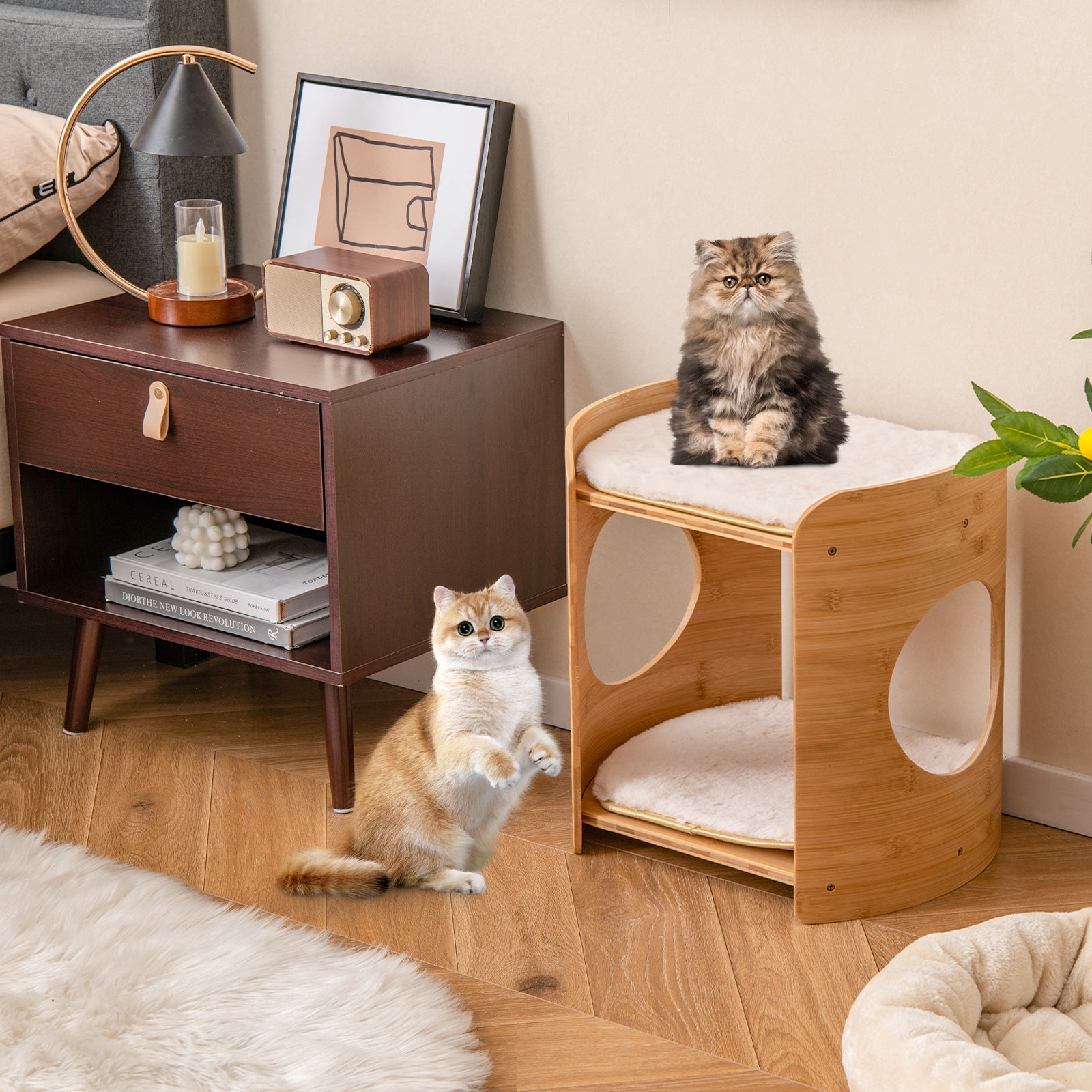 2 Tier Elevated Cat Bed Cat Tower with Natural Bamboo Frame Natural TidySpaces