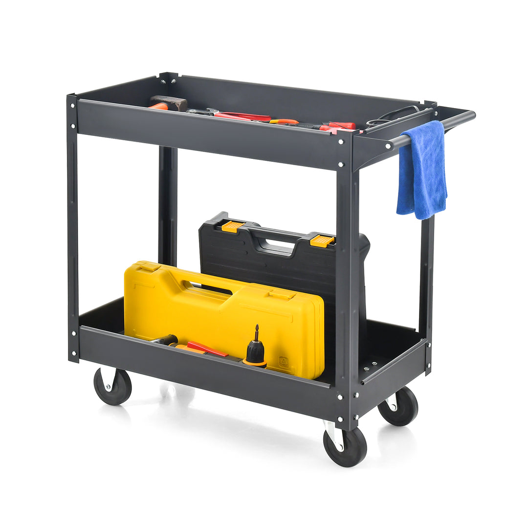 2 Tiers Tool Trolley with Handle and 4 Wheels Black - TidySpaces