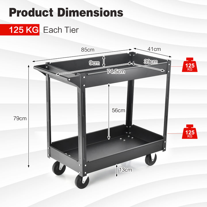 2 Tiers Tool Trolley with Handle and 4 Wheels - TidySpaces
