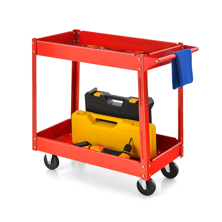 2 Tiers Tool Trolley with Handle and 4 Wheels Red - TidySpaces