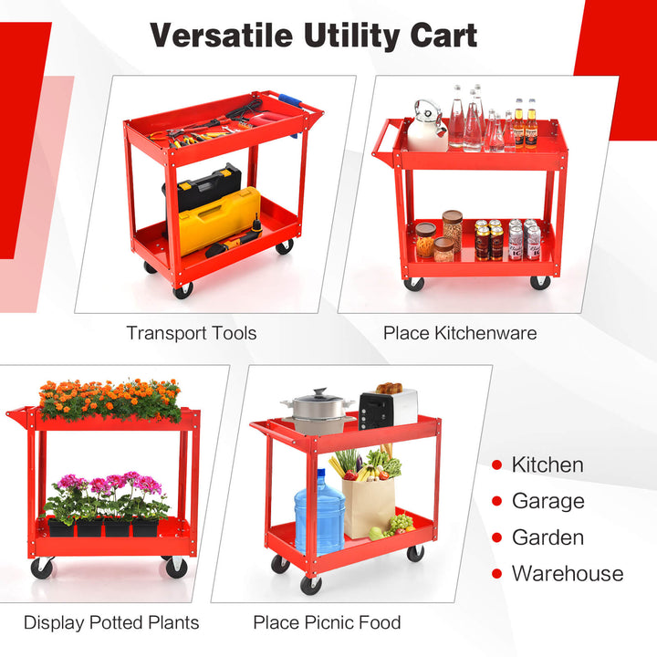 2 Tiers Tool Trolley with Handle and 4 Wheels - TidySpaces