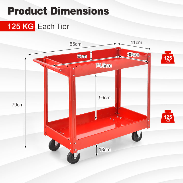 2 Tiers Tool Trolley with Handle and 4 Wheels - TidySpaces