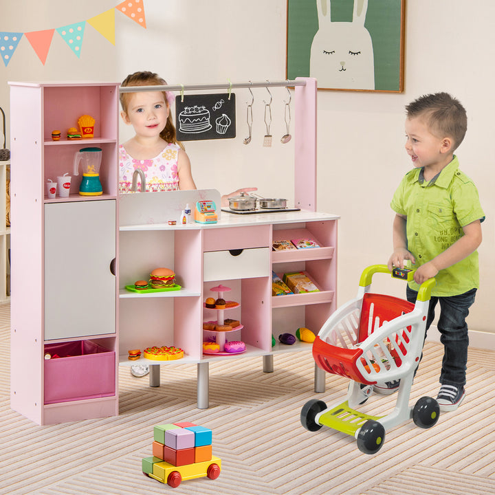 2-in-1 Kids Kitchen and Market Double-sided Play Kitchen-Pink - TidySpaces