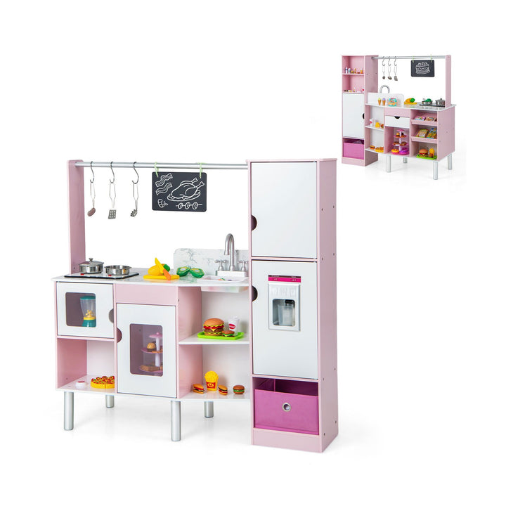 2-in-1 Kids Kitchen and Market Double-sided Play Kitchen-Pink - TidySpaces