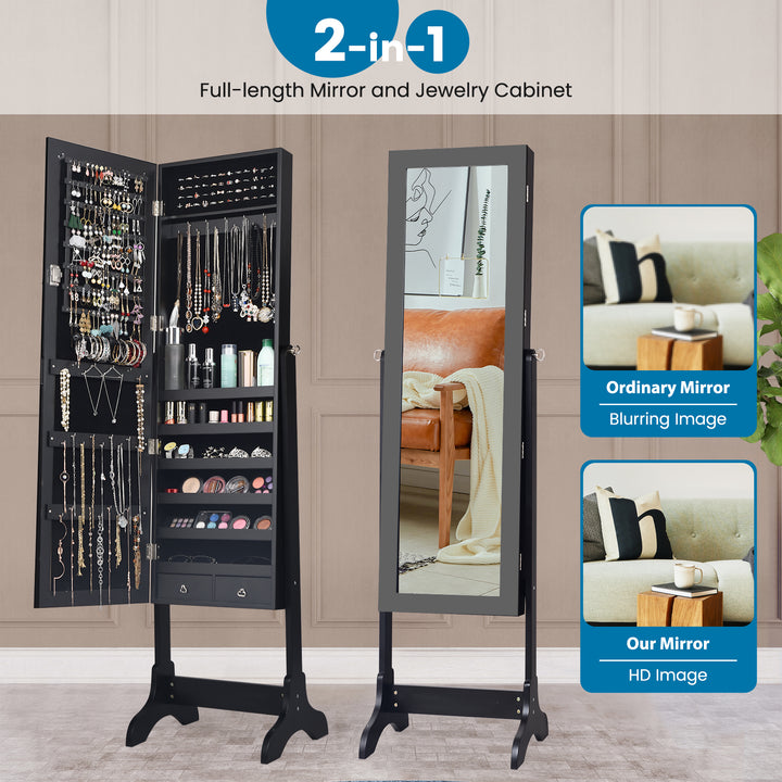 Freestanding Jewelry Cabinet with Full Length Mirror and Drawers - TidySpaces