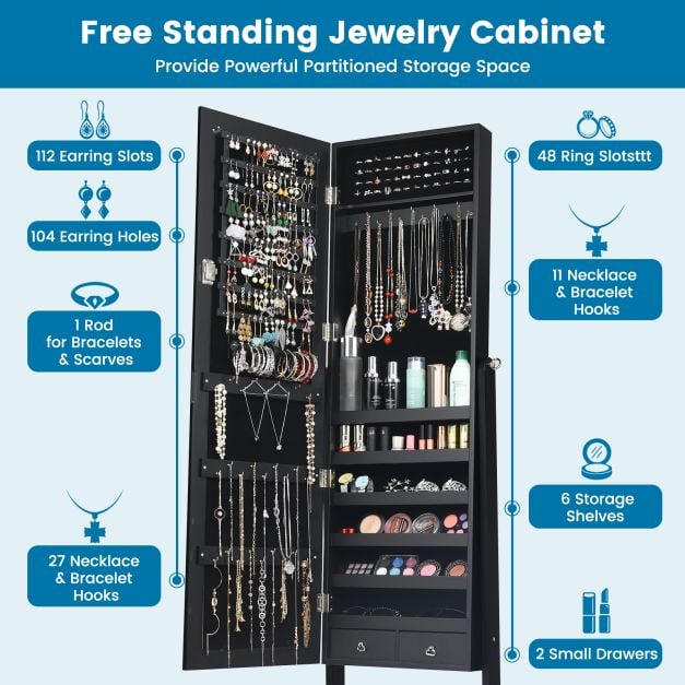 Freestanding Jewellery Cabinet with Full Length Mirror and Drawers - TidySpaces