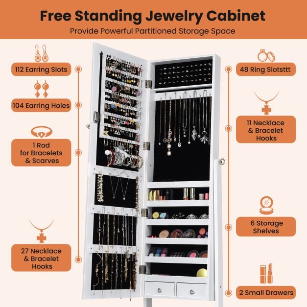 Freestanding Jewellery Cabinet with Full Length Mirror and Drawers - TidySpaces
