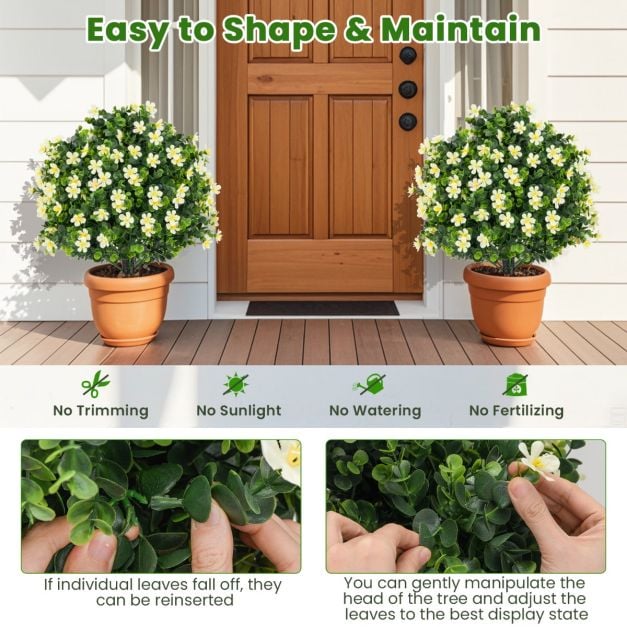 2 Pack Artificial Boxwood Topiary Ball Tree Faux Shrub Bushes-White - TidySpaces